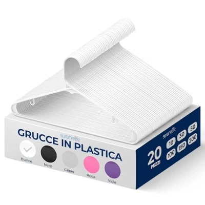 Immagine di SereneLife Set di 20 grucce in plastica, antiscivolo, resistenti, con gancio girevole a 360, finitura liscia per proteggere il tessuto, leggere, ultra sottili, cappotti e altri vestiti (bianco)