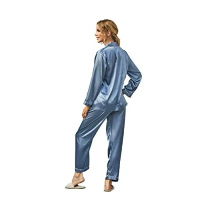 Immagine di Ladieshow pigiama da donna in raso set a maniche lunghe notte due pezzi, Grigio blu, S