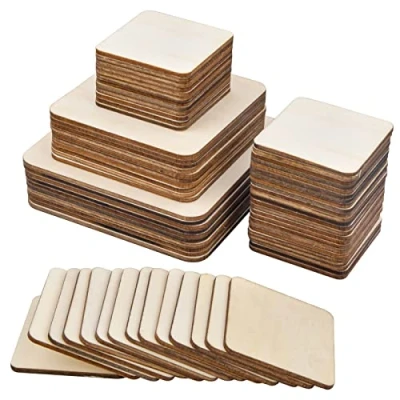 Immagine di 70 Pezzi Vuoti Quadrati in Legno Naturale per Sottobicchiere, Tavole 3 Diverse Dimensioni 10 x cm, 8 5 Spessore 2 mm.