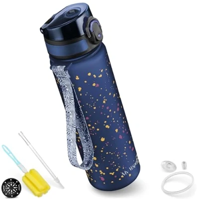 Immagine di My Vesperbox Minny Klecks Borraccia per bambini, a prova di perdite, 500 ml, con cannuccia o colino, senza BPA, asilo, scuola (blu, macchie, ml)