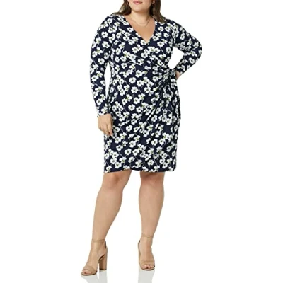 Immagine di Amazon Essentials Abito Classico Avvolgente a Maniche Lunghe (Taglie Forti Disponibili) Donna, Blu Marino Fiori, XS
