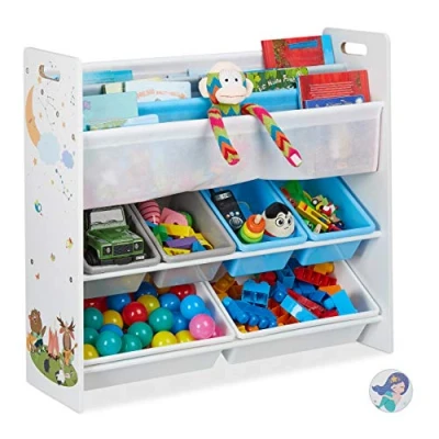 Immagine di relaxdays Scaffale Porta Giochi, con 6 Box e 4 Scomparti di Stoffa, Immagine Falò, HLP: 78 x 86 26,5 cm, Colorato, Truciolato, Metallo, PP, 1 pz