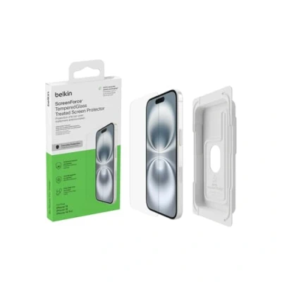 Immagine di Belkin ScreenForce TemperedGlass Proteggi schermo antimicrobico, pellicola protettiva, vetro temprato per iPhone 15/14 Pro, trasparente, antigraffio, include supporto un&#039;applicazione senza bolle