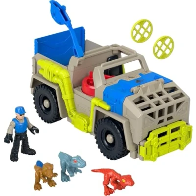 Immagine di Fisher Price Imaginext Jurassic World Trasportatore Insegui e Cattura, playset con Veicolo Fuoristrada, 1 personagio 3 Dinosauri, Lanciatore 2 Dischi Inclusi, 3+ Anni, HRK69