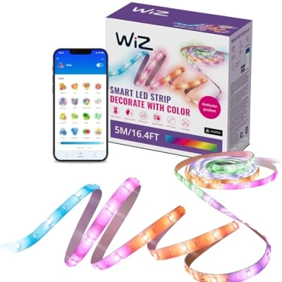 Immagine di Wiz Striscia LED RGBIC 5m, 16 milioni di colori + sfumature bianco, scenari luminosi dinamici, connessione al Wi Fi, controllo vocale/app, funziona con Google Home, Alexa e HomeKit