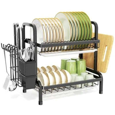 Immagine di scolapiatti con vassoio antigoccia, 2 ripiani grande e posate/tagliere sopra lavandino, scolapiatti, per piatto/utensili sul piano di lavoro della cucina (2 livelli)