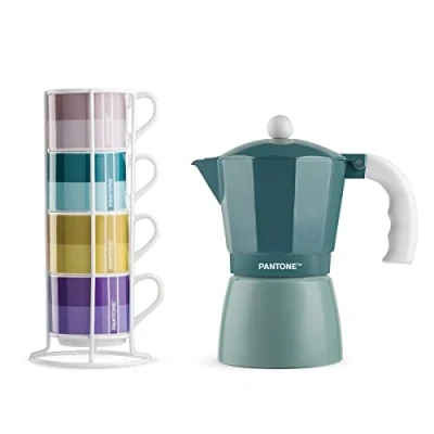Immagine di Egan Set 4 Tazze Caffè Impil. con Metalrack Pantone Linear + Moka Blu 6 tazzine