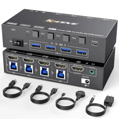 Immagine di Switch KVM USB 3.0 HDMI 4 porte 8K a 60 Hz, Camgeet PC 1 monitor HDMI, simulazione EDID, per computer condividono e 3.0, con telecomando cablato, cavi