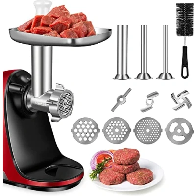 Immagine di AMZCHEF Accessori per tritacarne estrattore 3 in 1 ZM1501 e GM3001 4 piastre di macinazione, lame macinare, tubi insaccare salsicce macchina NON inclusa