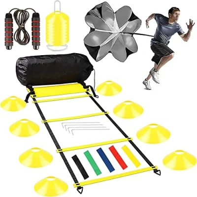 Immagine di Jewaytec Kit per Allenamento Calcio Set di velocità e Agilità 8m Agility Ladder 16 Coni Accessori 1 Corda 4 Pali Paracadute Resistenza Cinesini Allenamenti Football, Esercizio