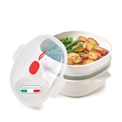 Immagine di Snips Bianco Vaporiera per Microonde con 2 Vassoi 4 LT Colore Linea Tempozero BPA Free Made in Italy, Plastica