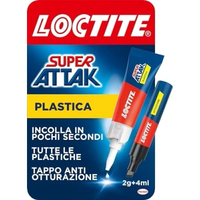 Immagine di Loctite Super Attak plastica, Colla per plastica istantanea, Tubetto di liquida trasparente specifica tutti i tipi cianoacrilica con attivatore, 2g+4ml