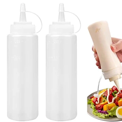 Immagine di 2Pcs Bottiglia Squeeze di Plastica, 250ML per con Tappi, Oliera, Trasparente Condimento Dispenser, Ketchup, Senape, Mayo, Salse piccanti, Olio d&#039;oliva