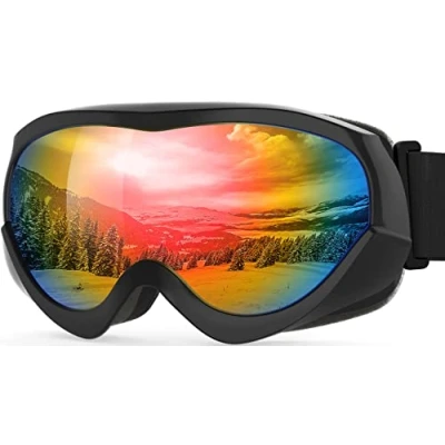 Immagine di OutdoorMaster Occhiali da sci per bambini neve compatibili con casco ragazzi e ragazze protezione UV al 100% (cornice nera + VLT 14% Lente grigio REVO colorato)