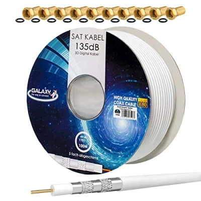 Immagine di HB DIGITAL 100m cavo coassiale SAT 135dB schermato 5 volte per sistemi Ultra HD 4K DVB S / S2 C e T BK + 10 set di connettori F placcati in oro gratuiti