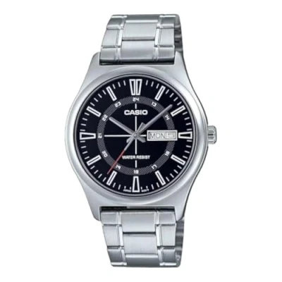 Immagine di Casio MTP V006D 1C Orologio analogico da uomo in acciaio inossidabile 24 ore con quadrante nero indice giorno data 3 lancette, nero, Casual