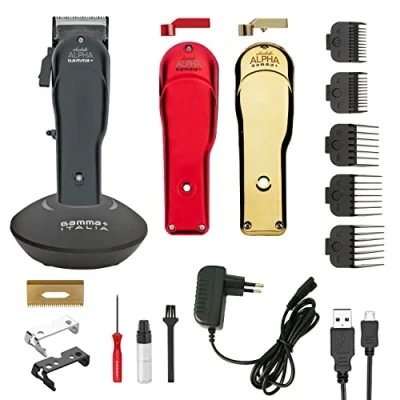 Immagine di GAMMAPIU&#039; Absolute Alpha Clipper Professionale, Tagliacapelli Uomo con Motore Rotante, 4 Ore di Autonomia senza Fili, Lama Regolabile, Silenziosa, 3 Custodie Rosso Oro Nero, 5 Pettini, Kit Pulizia