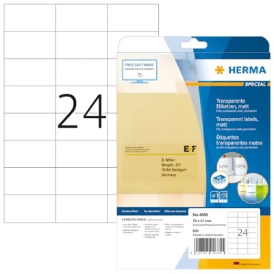 Immagine di HERMA Etichette per Indirizzi, 70 x 37 mm, Adesive A4 Stampante, 24 Foglio, Trasparente
