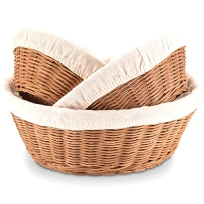 Immagine di Decorasian Cestino per il pane intrecciato in rattan rotondo set da 3 pezzi con panno di lino piccolo e grande