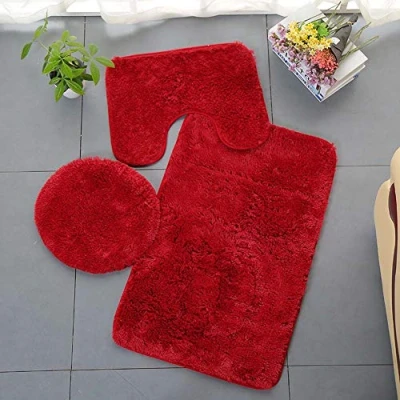 Immagine di Homieco Tappeto per Bagno Tinta Unita, 3 pezzi Tappetino da Morbido e Assorbente Antiscivolo Lavabile Set di Tappeti Coperchio WC (Rosso)