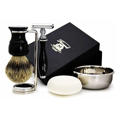 Immagine di Classic Five Piece Set da rasatura con pennello barba in punta argentata, rasoio barba, doppio supporto, ciotola acciaio inox e sapone regalo per lui