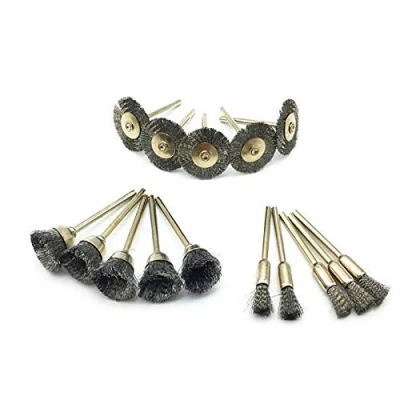 Immagine di Set di 15 spazzole in filo acciaio per lucidatura abrasiva, utensili rotanti, kit accessori Dremel, 3 tipi, argento