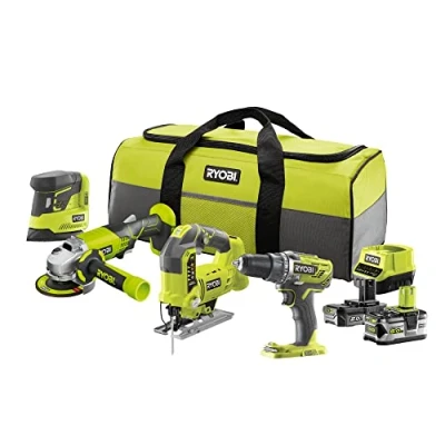 Immagine di RYOBI Combo 4 strumenti: Trapano + seghetto alternativo smerigliatrice angolare da 115 mm levigatrice 1 batteria 2,0 Ah 5,0 caricatore rapido Consegnato in borsa