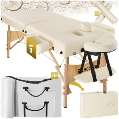 Immagine di TecTake® Lettino Massaggio a 2 Zone con Rulli, Portatile Imbottitura 7,5 cm, Pieghevole Braccioli, Poggiatesta Ergonomico, Poggiabraccio, Borsa Inclusa Beige