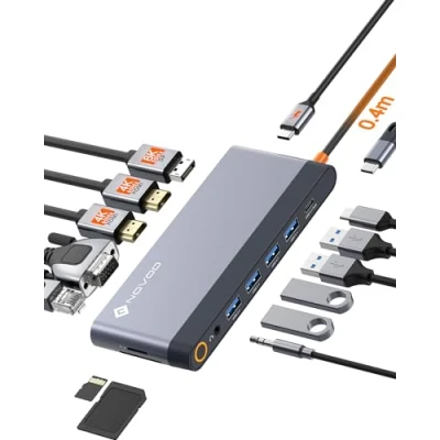 Immagine di NOVOO Docking Station USB C con display quadruplo, Adattatore multiporta per laptop 14 in 1 doppio monitor, DP 8K@30 Hz, HDMI 4K@60 VGA, 5 3.1, PD 100W, Ethernet, SD/TF, Mic/Audio