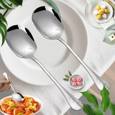 Immagine di SUpoetry 2 pezzi Mestolo Cucina, Cucchiaio da Buffet, Cucchiai Portata con Manico Lungo, Insalata Grande, Utilizzato in Mense, Hotel, Picnic, Feste