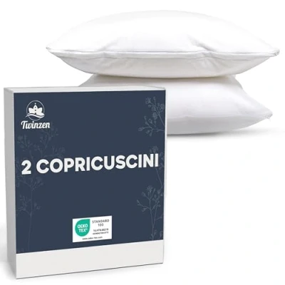 Immagine di Coppia di Federe per cuscini 65x65 Set da 2 Copricuscini Letto Matrimoniale Impermeabili con Cerniera Certificato Oeko Tex Tecnologia Twinzen Copri Cuscino Bianco