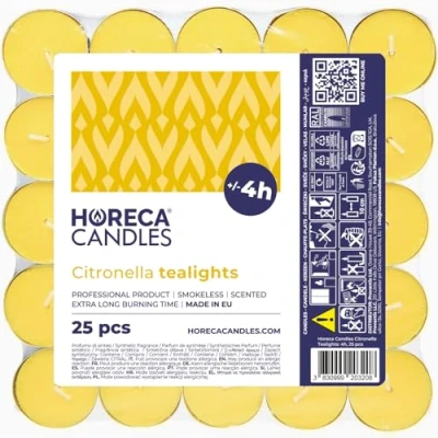 Immagine di Horeca Candles Candele Tealight alla Citronella Set da 25 Profumate Durata di Combustione 4 Ore Lumini Esterno, Balcone, Picnic, Campeggio