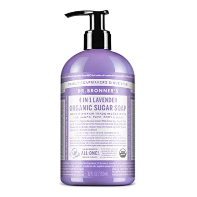 Immagine di Dr. Bronner&#039;s Sapone biologico allo zucchero (lavanda, 12 once) Realizzato con oli biologici, e polvere di Shikakai, 4 in 1 Usi: Mani, Corpo, Viso Capelli, Deterge, Idrata Nutre,