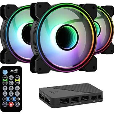 Immagine di Aerocool Mirage PC Case Fan 12 Pro, 3 x ARGB Translucent Fans 120mm, 1 H66F RGB Hub, Infinity Mirror Design, Includes 6 pin connector, Remote Control, Curved Blades and Anti Vibration Pads, Black