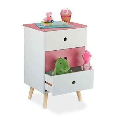 Immagine di Relaxdays Comodino per la Cameretta dei Bambini, Scaffale a 3 Cassetti, HLP 61,5x38x30 cm, MDF, Legno Pino, Bianco Rosa, Fibra