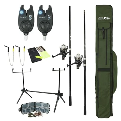 Immagine di FISH XPRO set carpa Plus 2 Rod, di canne da pesca alla nera, 96 pezzi, rilevatori scarafaggio, scambisti, rodpod, supporti posteriori, errori, extra espanso, tutto ciò cui hai bisogno!