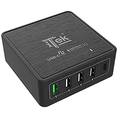 Immagine di ITEK Caricabatteria da tavolo 60W, 13.2A(2x3A, 3x2.4A) con 5 porte: 1xUSB C PD, 3xUSB Smart, 1xQC3.0, Smart IC
