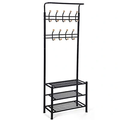 Immagine di SONGMICS Stand Appendiabiti Nero Attaccapanni con Scarpiera a 3 Ripiani Porta Abiti per Ingresso Altezza 187 cm HSR04B