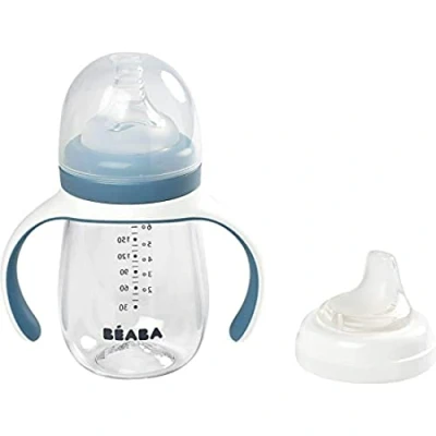 Immagine di BÉABA Biberon/Tazza di Apprendimento 2 in 1, Tazza con cannuccia per Bambini, 100% a Tenuta, Salvagoccia, Facile da aprire, Manici Removibili, Tritan e Silicone, 210 ml, Blu