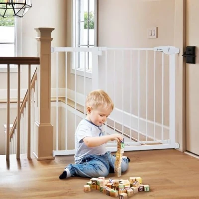 Immagine di COMOMY 75 110cm Cancelletto per Bambini, Cancello Cani Porte e Scale, Cancelletti Sicurezza Bambino, Fissaggio a Pressione, Chiusura Automatica, Bianco