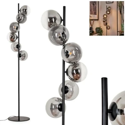 Immagine di Lampada a stelo Remaisnil da terra in metallo/vetro nero/fumo/trasparente, con paralume vetro (Ø 15 cm) e interruttore pedale, altezza 160 cm, 6 x G9, senza lampadina