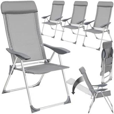 Immagine di TecTake® Set 4 Sedie da Giardino Pieghevoli con Braccioli, Tessuto a Rete per Ventilazione Ottimale, Schienale Regolabile in 5 Posizioni, Comodo Poggiatesta Imbottito Grigio