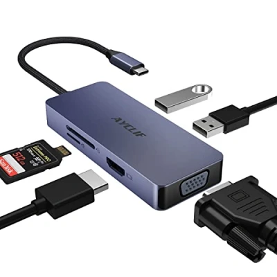 Immagine di AYCLIF 6 in 1 USB C HUB, Adattatore HDMI VGA Dual Monitor con A, lettore di schede SD/TF, MultiPort dock per MacBook Pro/Air, Dell/HP/Lenovo