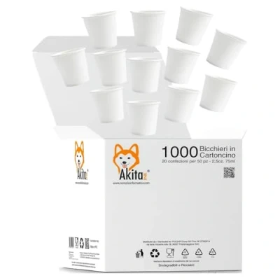 Immagine di AKITAInk 1000 bicchierini caffè Carta 75ml Monouso biodegradabili, Bicchieri caffe di Monouso, Usa e Getta Ecologici Biodegradabili Piccoli Asporto Bevande Calde