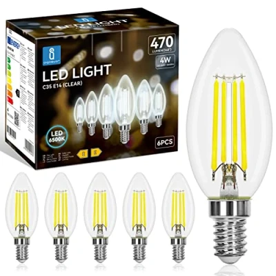 Immagine di Aigostar Lampadina Stile Vintage Filamento LED E14 C35, 4W (Equivalenti a 40W), 470 Lumen, Luce Fredda 6500K, CRI＞80, Trasparente Lampadine LED, Pacco da 6