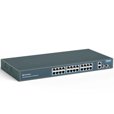 Immagine di YuanLey 24 Porte PoE Switch con 2 Gigabit Uplink Ethernet, Porta SFP, 400W PoE+ 802.3af/at, Non Gestito di Rete AI Watchdog, VLAN, Estensione a 250 m, Montaggio Rack Plug and Play