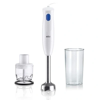 Immagine di Braun MQ10.202M MultiQuick 1 Frullatore ad immersione extra leggero con base in acciaio inox e sistema EasyTwist incluso, frusta misurino da 600 ml, 450 Watt, colore: Bianco