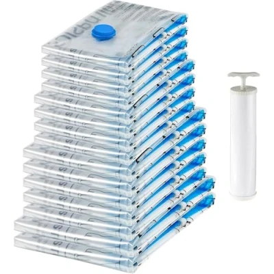 Immagine di Amazon Basics Cerniera Sacchetti sottovuoto con pompa a mano, confezione da 15, 2 X jumbo, 5 4 grandi, medi, Trasparente