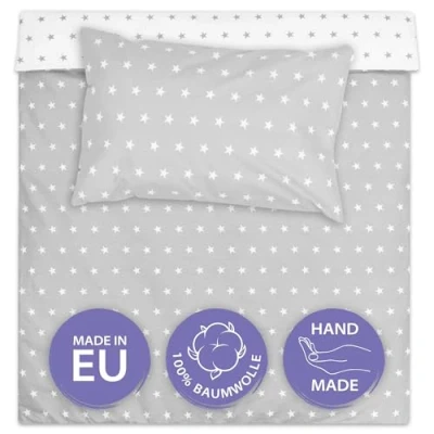 Immagine di Totsy Baby Copripiumino per bambini 100 x 135 cm set di lenzuola con federa 60 40 in cotone Bianco stelle grigie/Grigio bianche