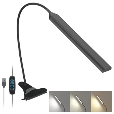 Immagine di LUTW Lampada con Pinza, 66 LED 3 Colore 10 Luminosità Dimmerabili da Scrivania Ricaricabile, 360 Rotante Cigno Collo Lettura Per Comodino Ufficio Tavolo Lettura, Nero